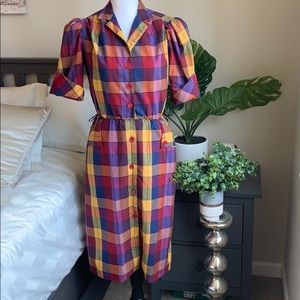 80’s Plaid Puff Sleeve Shirt Dress